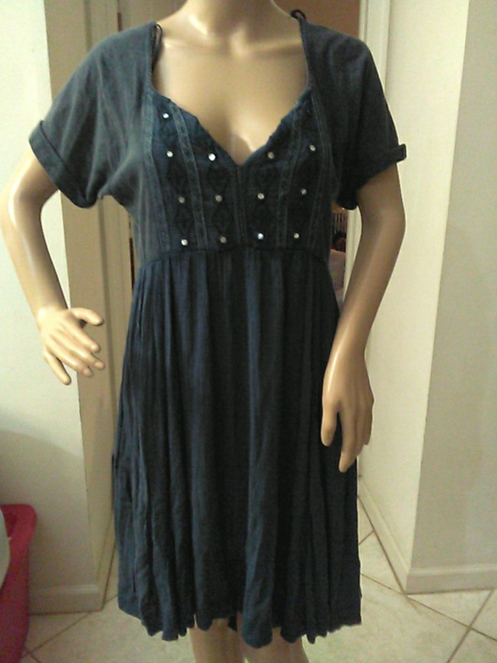 FREE PEOPLE Navy Short Sleeve Embellished ( MIRRORS) V-Neck Dress W/ PKTS SZ. S
